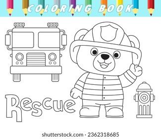 Coloring book of cute bear in fireman uniform with fire truck and hydrant. Vector cartoon illustration