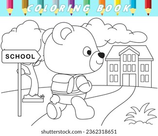 Coloring book of cute bear going to school. Vector cartoon illustration