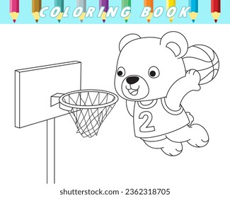 Coloring book of cute bear playing basketball. Vector cartoon illustration