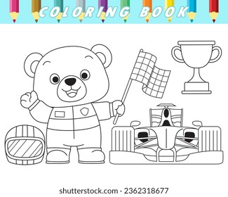 Coloring book of cute bear in racer costume with car racing elements. Vector cartoon illustration