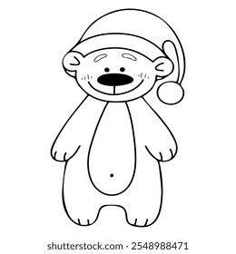 Coloring book cute bear in Santa hat hand drawn. Cartoon character animal. Happy holiday. Festive joy. December event. Vector outline art illustration. Page for kids and adults.