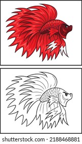 Coloring Book Cute Betta Fish. Coloring Page And Colorful Clipart Character. Vector Cartoon Illustration.