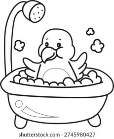 Coloring book of Cute Bird sticker icon. Outline of Bird take a bath 