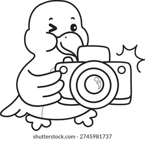 Coloring book of Cute Bird sticker icon. Outline of Bird bring a camera 