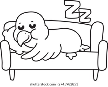 Coloring book of Cute Bird sticker icon. Outline of Bird laying in the couch 