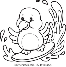 Coloring book of Cute Bird sticker icon. Outline of Bird playing a surfing