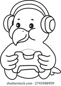 Coloring book of Cute Bird sticker icon. Outline of Bird playing a game