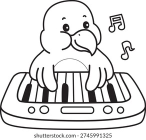 Coloring book of Cute Bird sticker icon. Outline of Bird playing a piano