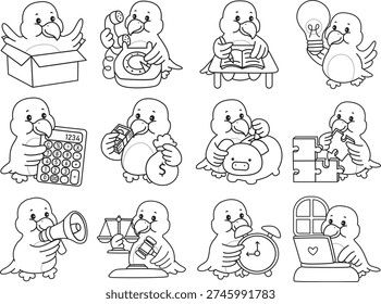 Coloring book of Cute Bird sticker icon. Outline of Bird in the variation of money and finance