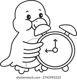 Coloring book of Cute Bird sticker icon. Outline of Bird bring an alarm clock