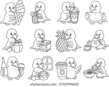 Coloring book of Cute Bird sticker icon. Outline of Bird in the variation of drink and beverage