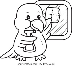 Coloring book of Cute Bird sticker icon. Outline of Bird wipe the window
