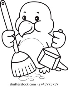 Coloring book of Cute Bird sticker icon. Outline of Bird cleaning the floor with broom and duster