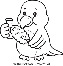 Coloring book of Cute Bird sticker icon. Outline of Bird cleaning the vase with feather duster