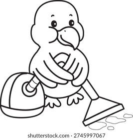 Coloring book of Cute Bird sticker icon. Outline of Bird cleaning the floor with vacuum cleaner