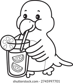 Coloring book of Cute Bird sticker icon. Outline of Bird drinking an orange juice