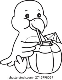 Coloring book of Cute Bird sticker icon. Outline of Bird drinking a coconut drink