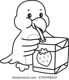 Coloring book of Cute Bird sticker icon. Outline of Bird drinking a strawberry milk