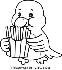 Coloring book of Cute Bird sticker icon. Outline of Bird bring a french fries 