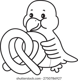 Coloring book of Cute Bird sticker icon. Outline of Bird bring a waffle 