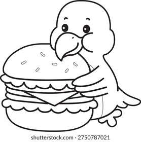 Coloring book of Cute Bird sticker icon. Outline of Bird bring a burger