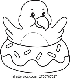 Coloring book of Cute Bird sticker icon. Outline of Bird stuck in the doughnut 