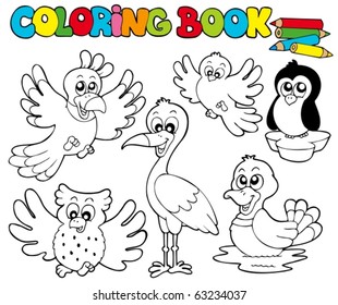 Coloring book with cute birds 1 - vector illustration.