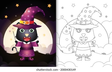 libro de colores con un lindo gato negro usando halloween de bruja de disfraces