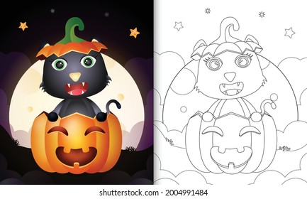 coloring book with a cute black cat in the halloween pumpkin