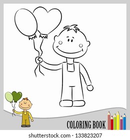 Coloring book - cute boy with balloons (vector)