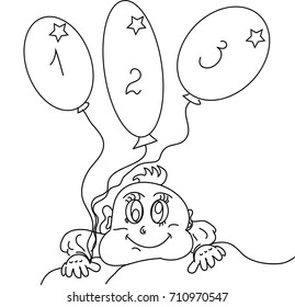 Coloring book. Cute boy with baloons.