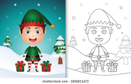 Farbbuch mit süßen, elf-weihnachtlichen Charakteren mit einem Sack Geschenk
