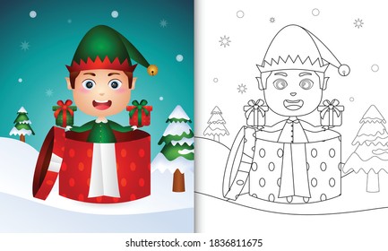 libro de colorear con personajes adorables de la Navidad de los elfos en la caja de regalo