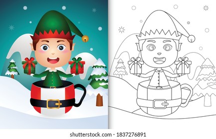 Farbbuch mit süßen, elf-weihnachtlichen Figuren in der Tasse santa