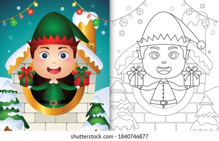 coloring book with a cute boy elf christmas characters inside the house