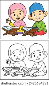 Coloring book cute boy and girl Muslim recite the Qur'an. Coloring page and colorful clipart character. Vector cartoon illustration.