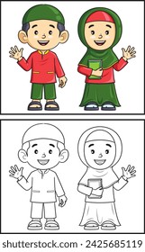 Coloring book cute boy and girl Muslim. Coloring page and colorful clipart character. Vector cartoon illustration.