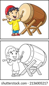 Coloring book cute boy playing bedug drum. Coloring page and colorful clipart character. Vector cartoon illustration.