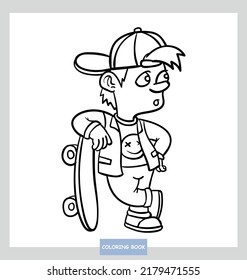 Coloring book Cute boy with skateboard in hand, casual style