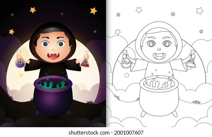 coloring book with a cute boy using costume witch halloween