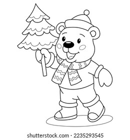 Coloring book with cute brown bear christmas characters in hat and scarf