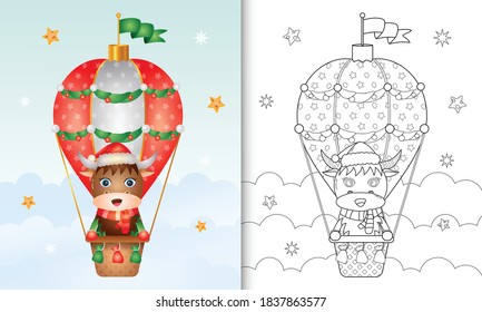 coloring book with a cute buffalo christmas characters on hot air balloon with a santa hat, jacket and scarf