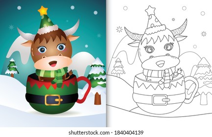 coloring book with a cute buffalo christmas characters with a hat and scarf in the elf cup