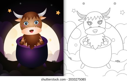 coloring book with a cute buffalo in the witch cauldron