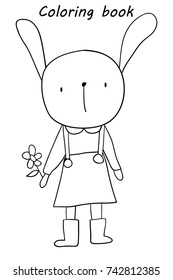 Coloring book cute bunny holding a flower.