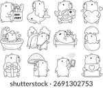 Coloring book of cute capybara character vector clip art for children.  Outline of capybara in the variation of random activity