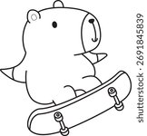 Coloring book of cute capybara character vector clip art for children.  Outline of capybara playing a skateboard