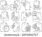 Coloring book of cute capybara character vector clip art for children.  Outline of capybara in the variation of money and finance