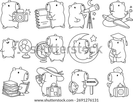 Coloring book of cute capybara character vector clip art for children.  Outline of capybara in the variation of smart and education.