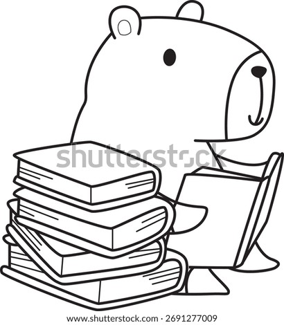 Coloring book of cute capybara character vector clip art for children.  Outline of capybara reading a book 